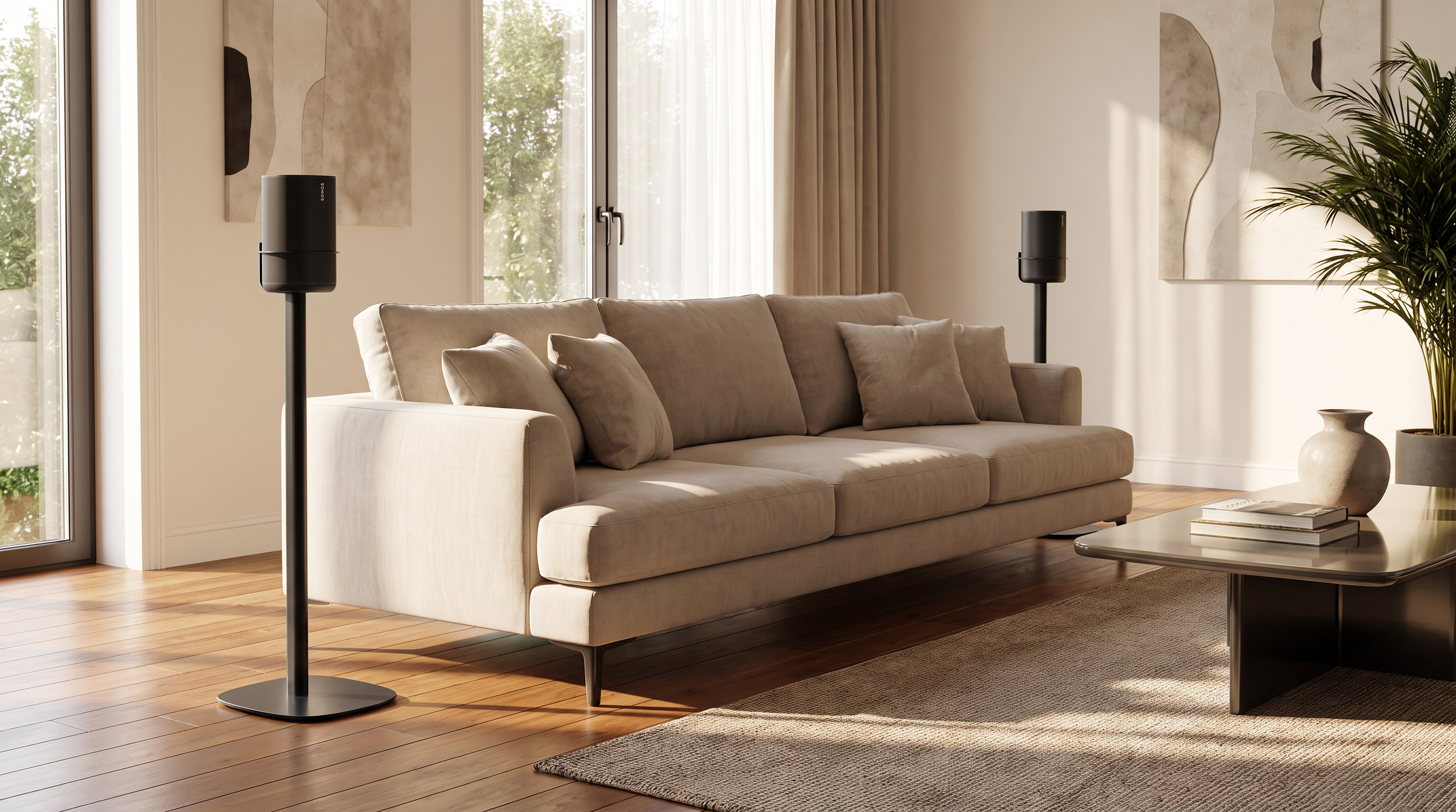 To Sonos Play-højttalere på gulvstandere bag en sofa med frit udsyn til soundbaren